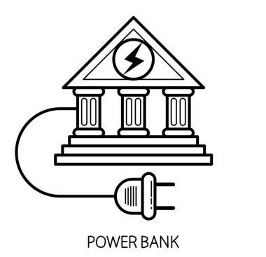 Güç Bankası mizahi simgesi gerçek banka klasik stil cephesi ve elektrik dolgu vektörü düz biçim ikonu izole.