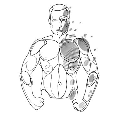 Linear drawing of a perfect body fit model man posing vector illustration isolated, muscular macho sexy guy with naked torso topless.