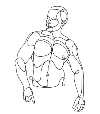 Athletic man torso vector linear illustration, male beauty with perfect muscular fit body posing, artistic drawing of fitness model.