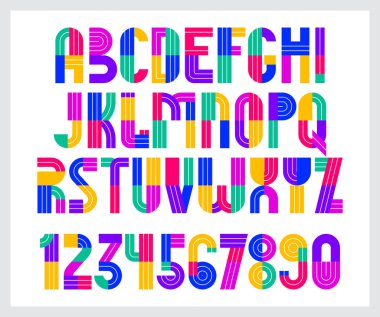 Çocuklar renkli geometrik yazı tipi vektör alfabesi, çocuk oyun tipi, orijinal harfler logo oluşturma, büyük harf ve sayılar için kullanılabilir.