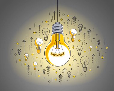 Parlak ampul ve simgeler, iş fikri yaratıcı kavram, e-ticaret alegorisi, İnternet işi, pazar yeri veya çevrimiçi dükkan, vektör illüstrasyonu.