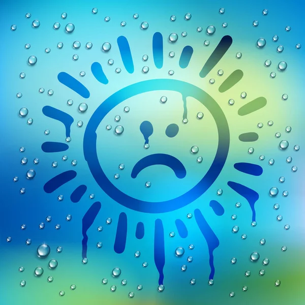 Sad Sun Drawn Window Blurred Background Water Rain Drops Vector — Stock Vector