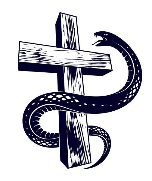 Змія Старовинному Тату Кросса Змія Обгортає Християнський Хрест Бога Диявола — стоковий вектор