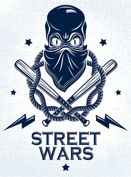 Gang brutal criminal emblem or logo with aggressive skull baseball bats and other weapons and design elements, vector anarchy crime terror retro style, ghetto revolutionary.