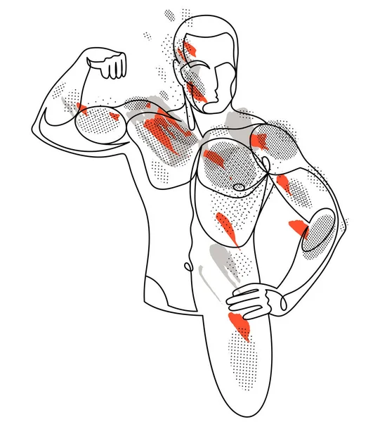 Linear Drawing Perfect Body Fit Model Man Posing Vector Illustration —  Vetores de Stock