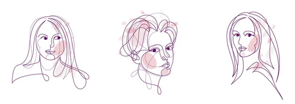 Woman Beauty Face Vector Linear Illustrations Set Delicate Line Art — Stok Vektör