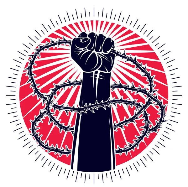 Иллюстрация Рабства Сильным Сжатым Кулаком Борющимся Свободу Против Тернового Колючка — стоковый вектор