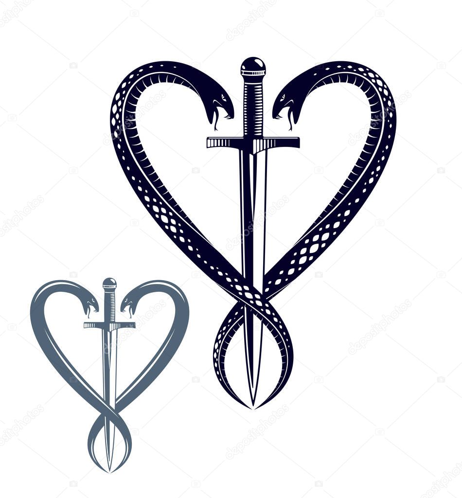 Dagger and two snakes in a shape of heart vector vintage style emblem or logo, chivalry love and honor concept, medieval Victorian style.