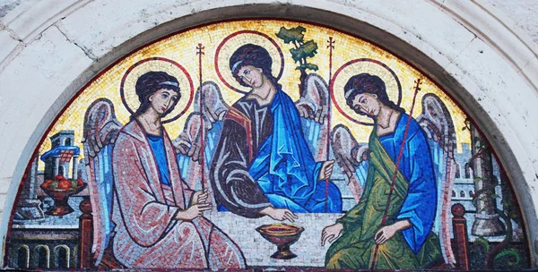 Künstlerische Mosaik-Ikone von drei Engeln (heilige Dreifaltigkeit) Stockbild