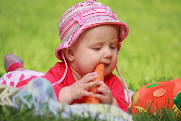Bebek bir carrot elinde tutan — Stok fotoğraf
