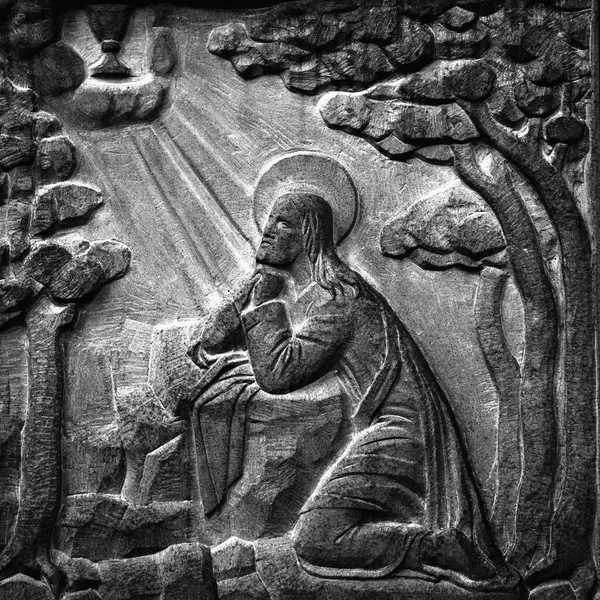 Αρχαίο Άγαλμα Του Ιησού Χριστού Προσεύχεται Στο Όρος Τέιμπορ Χριστιανισμός — Φωτογραφία Αρχείου