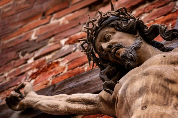 Crucifixion Jesus Christ Symbol God Love Fragment Antique Statue — Stock Photo, Image