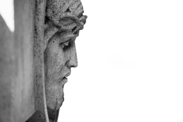 Jesucristo Una Corona Espinas Sobre Fondo Blanco Fragmento Una Estatua — Foto de Stock