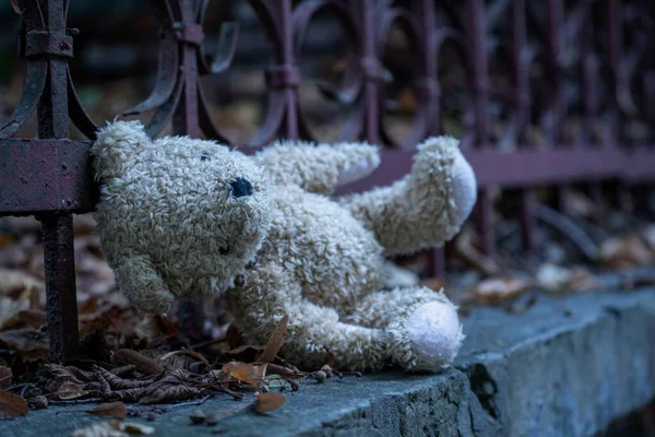 Conceito Infância Perdida Solidão Urso Peluche Sujo Deitado Livre Espaço — Fotografia de Stock