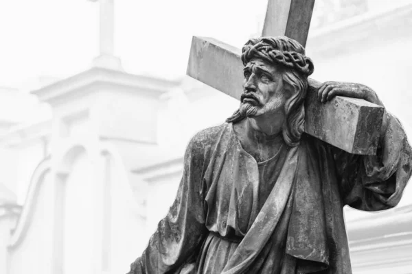Der Weg Nach Golgatha Antike Steinstatue Von Jesus Christus Mit — Stockfoto