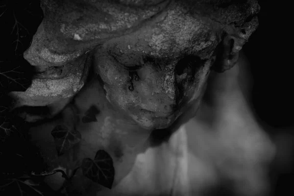 Angel Crying Fragment Ancient Statue Death Pain Fear Concept Black — Stock Photo, Image