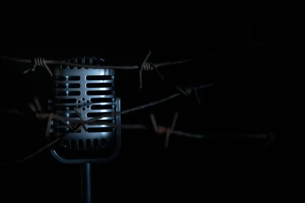 Microfone Atrás Arame Farpado Como Símbolo Discriminação Crise Liberdade Expressão — Fotografia de Stock