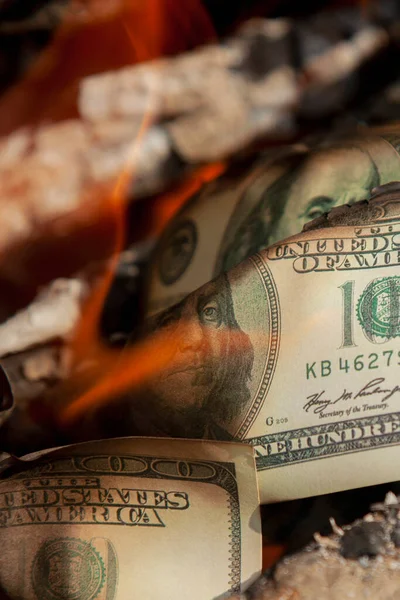 燃烧美元钞票作为通货膨胀 全球金融危机以及国际贸易和投资前景不确定的象征 垂直图像 — 图库照片