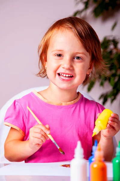 Portrait Happy Beautiful Child Girl Hands Painted Colorful Paints Vertical — Foto Stock