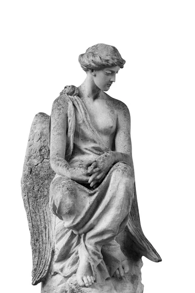 Mooie Engel Met Lieve Gezichtsuitdrukking Een Oud Stenen Standbeeld Geïsoleerd — Stockfoto