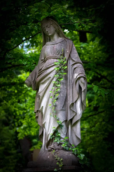 Virgem Maria Bela Estátua Pedra Antiga Imagem Vertical — Fotografia de Stock