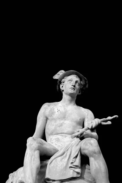 Ασπρόμαυρη Εικόνα Αρχαίου Αγάλματος Του Αρχαίου Θεού Του Εμπορίου Των — Φωτογραφία Αρχείου