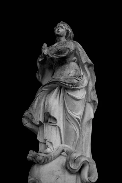 キリスト教の宗教的シンボル 聖母マリアは悪の上に善の勝利の象徴としてヘビの上に足を立っています 古代の像の目に焦点を当てる — ストック写真