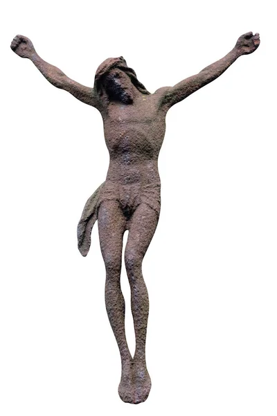 Forntida Järn Staty Korsfästelsen Jesus Kristus Isolerad Vit Bakgrund — Stockfoto