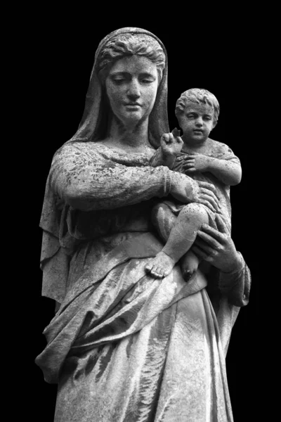 Virgin Mary Baby Jesus Christ Ancient Statue Isolated Black Background —  Fotos de Stock