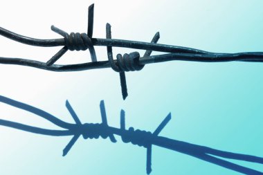Totaliterliğin, otoriterliğin ve aşırılığın bir sembolü olarak dikenli telleri kapatın. Yatay resim.