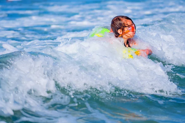 Portrait Happy Child Girl Inflatable Ring Ride Breaking Wave Copy — Stock Photo, Image