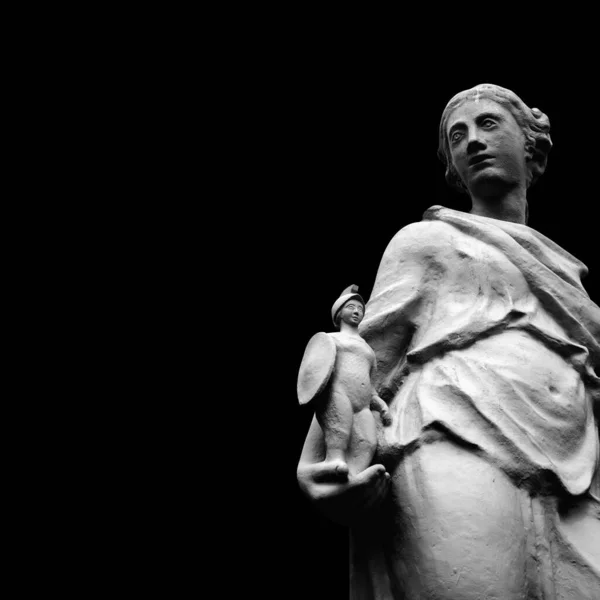 Bohyně Moudrosti Vítězství Athéno Drží Ruce Vítězného Bojovníka Černobílý Obraz — Stock fotografie
