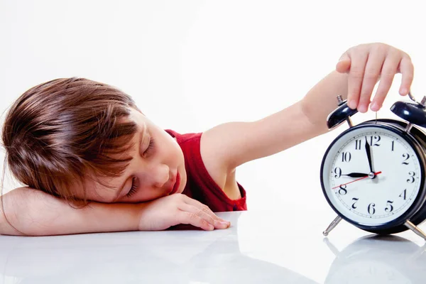 Young Schoolgirl Turns Alarm Clock Waking Morning Sleepy Child Extending — Stockfoto