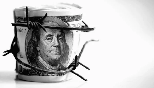 Economic Warfare Sanctions Embargo Busting Concept Dollar Money Wrapped Barbed — Stock Photo, Image