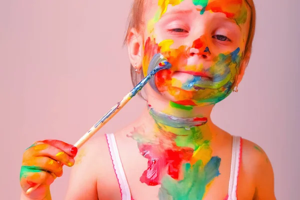 Little Cute Girl Making Herself Children Makeup Brush Colorful Painted — 스톡 사진