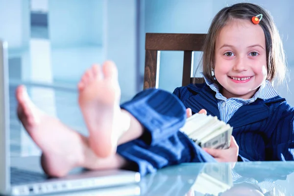 Rich Portrait Very Happy Young Business Girl Stacks Money Motivation — Φωτογραφία Αρχείου