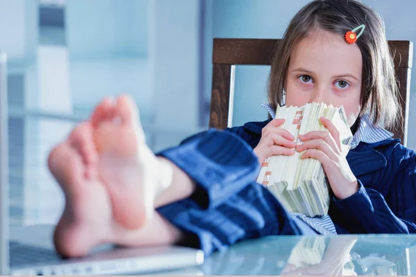 Rich Young Business Girl Sniffing Stacks Money Office Motivation Work — Foto de Stock