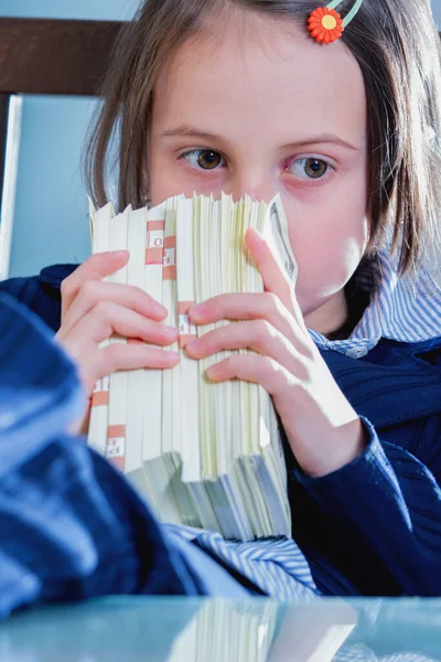 Rich Young Business Girl Sniffing Stacks Money Office Motivation Work — Φωτογραφία Αρχείου