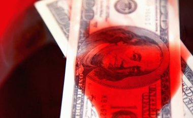 Bloody business of russian war against Ukraine and democratic system of states of the whole world.. US Dollar bills in blood as symbol of terrorism, death and double standards of policy.