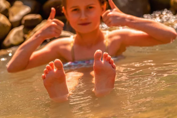 Portrait Beautiful Child Girl Taking Bath Mountain Geysers Hot Springs — Stockfoto