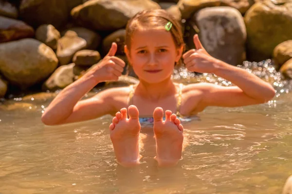 Young Beautiful Child Girl Taking Bath Geysers Hot Springs Thermal — Stockfoto