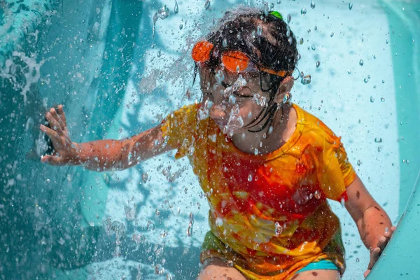 Close Portrait Cute Young Girl Going Water Slide Pool Summer — Stok fotoğraf