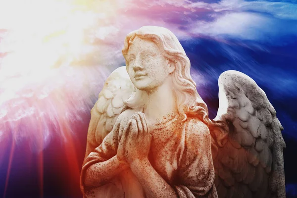Beautiful Angel Wings Looking Sky Rays Light Ancient Statue Horizontal Fotos de stock