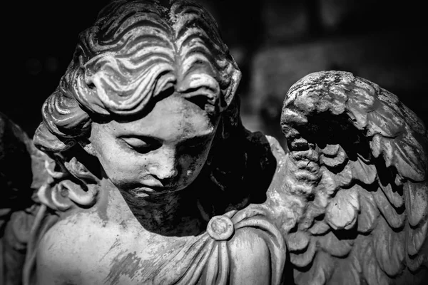 Escultura Ángel Con Fondo Oscuro Estatua Antigua Imagen Blanco Negro —  Fotos de Stock