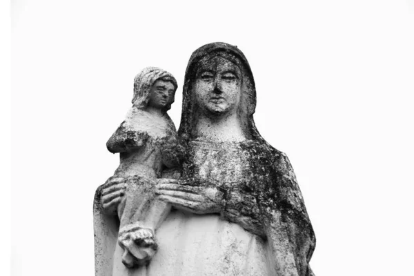 Very Ancient Stone Medieval Statue Virgin Mary Baby Jesus Christ — Stock Photo, Image