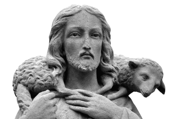 イエス キリストの古代の像の破片良い羊飼い 白黒の画像 — ストック写真