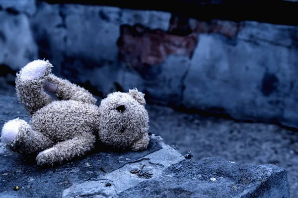 Fotografia Conceitual Brinquedo Urso Pelúcia Esquecido Rua Como Símbolo Solidão — Fotografia de Stock