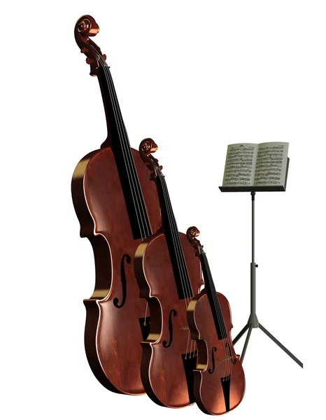 Bass cello and violin with music stand — Stock Photo, Image