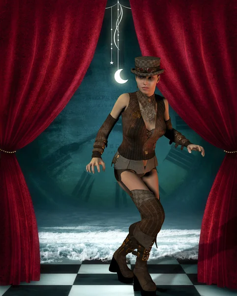 Steampunk woman on a stage — Stock Photo, Image