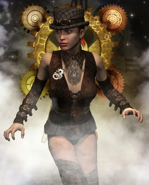 Steampunk vrouw in de mist Rechtenvrije Stockfoto's